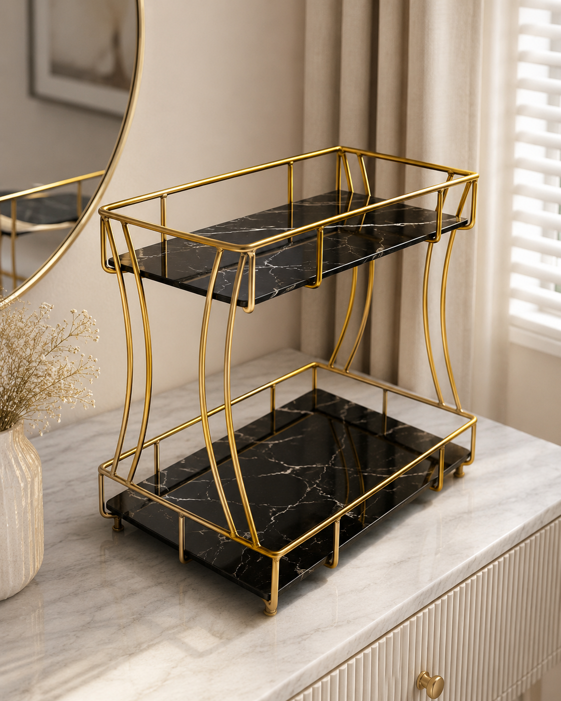 Luxury 2-Tier Marble Cosmetic Organizer Stand – Gold Frame Vanity Shelf