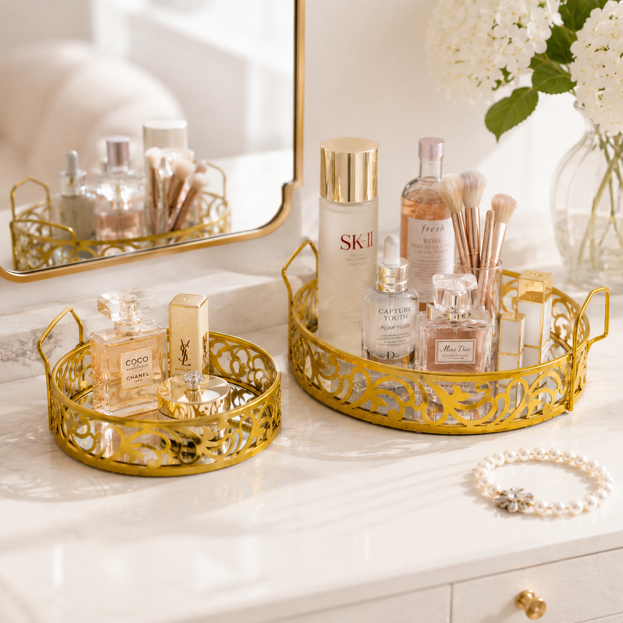 Premium Round Set of 2 Cosmetics & Serving Trays
