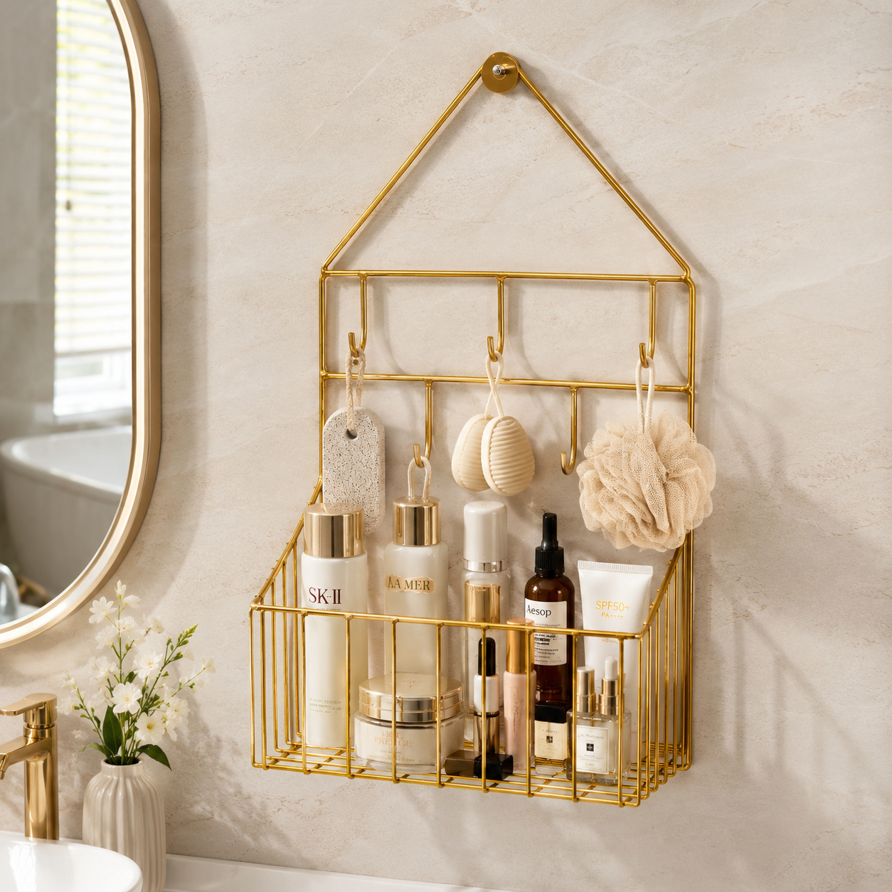 Luxury Golden Wall-Mounted Bathroom Organizer with Hooks
