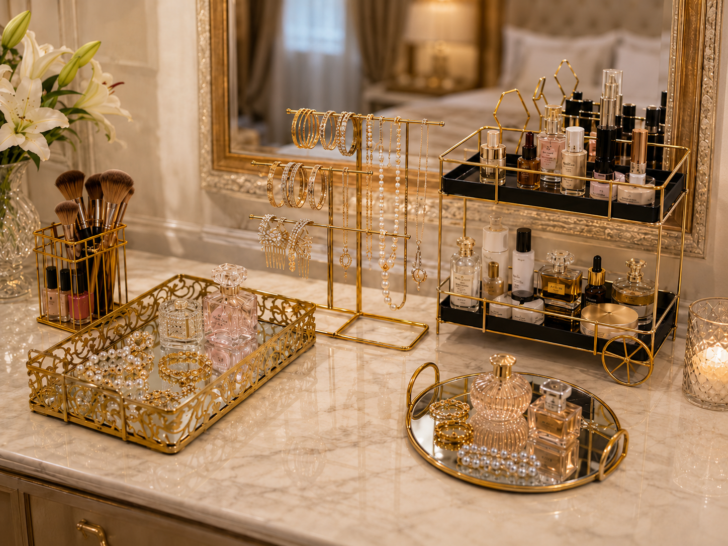Deal No 5 Luxury Gold Vanity Organizer – 5 Pcs Makeup & Jewelry Storage Set