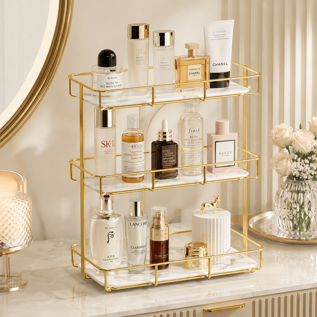 3 Layers Luxury Design Free Standing Shelf Makeup Organizer