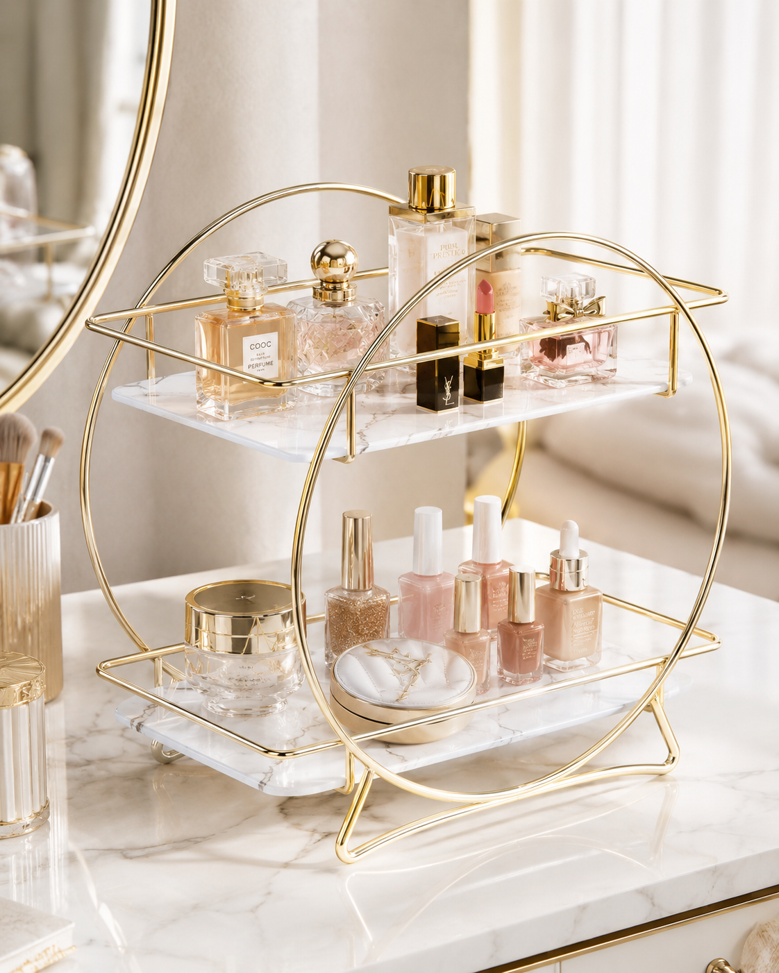 Luxury 2-Tier Gold  Makeup & Skincare Organizer Rack for Bathroom Countertop