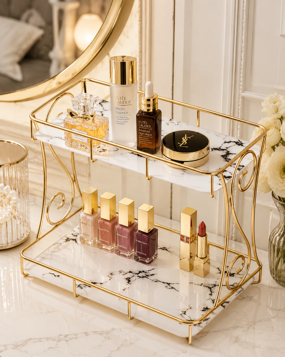Luxury 2-Tier Marble Cosmetic Organizer Stand – Gold Frame Vanity Shelf