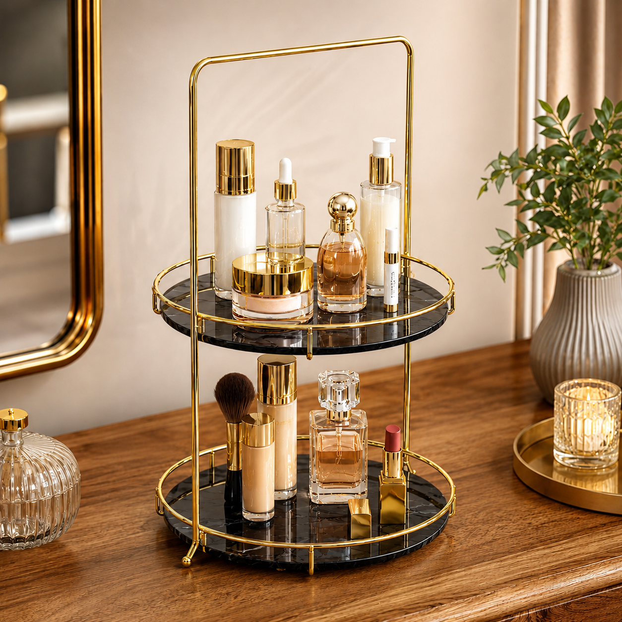 Luxury 2 Tier Black Marble Cosmetic Organizer Tray with Golden Stand