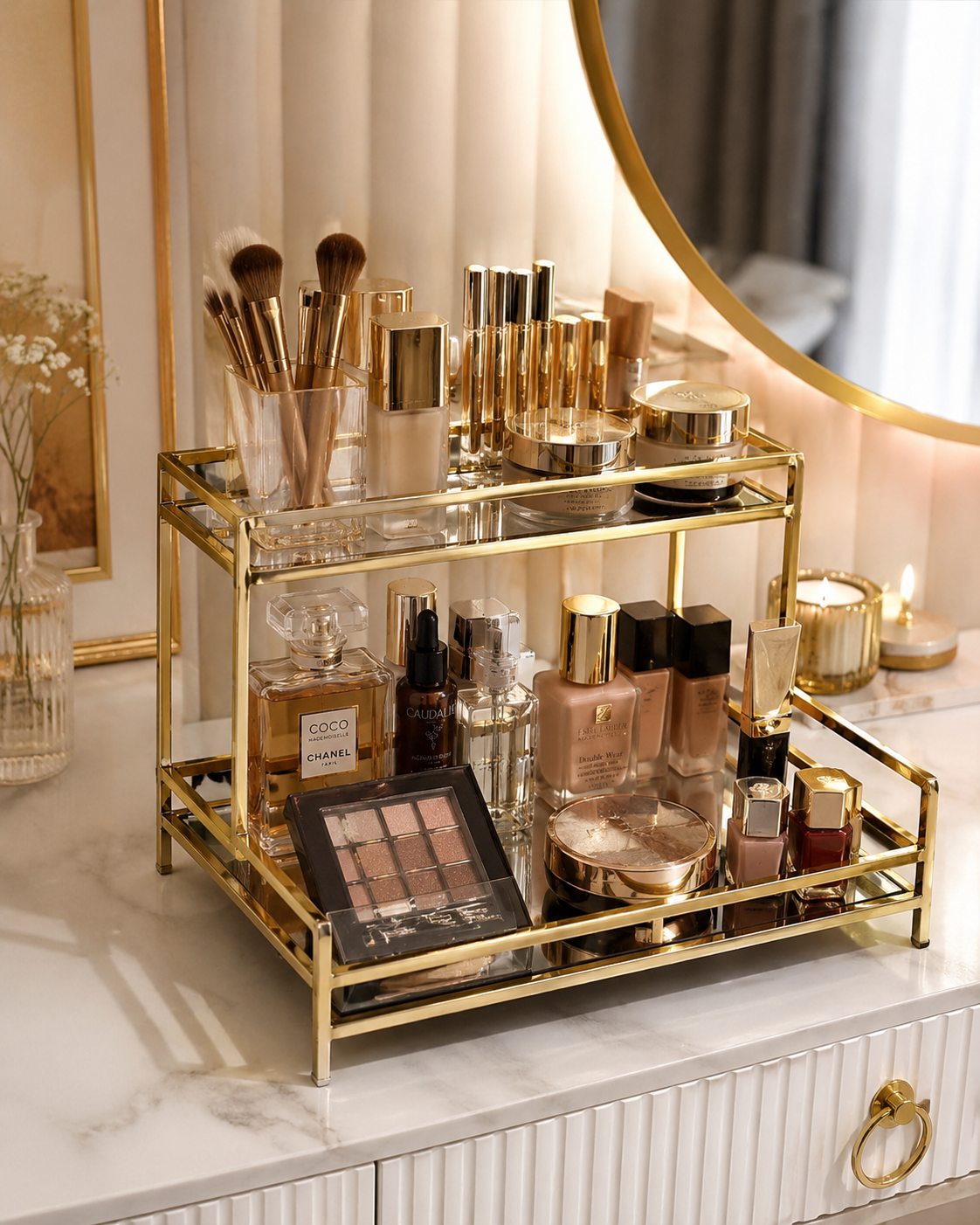 Gold Mirror Cosmetic Organizer Tray – Vanity Makeup & Perfume Stand