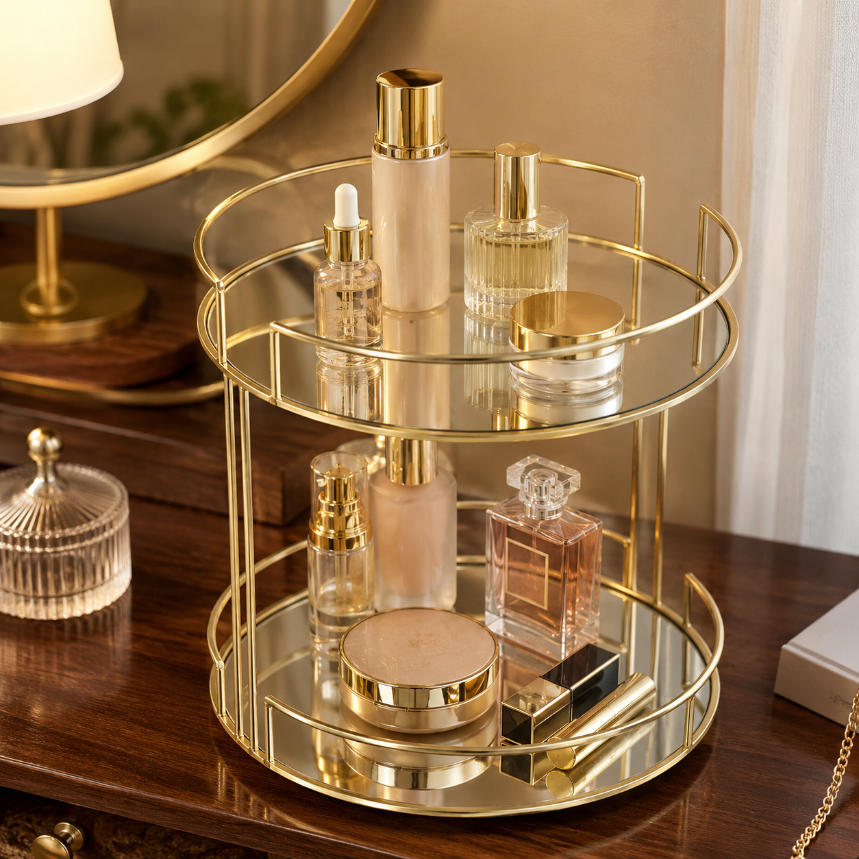 Luxury 2 Tier Gold Mirror Cosmetic Organizer Tray