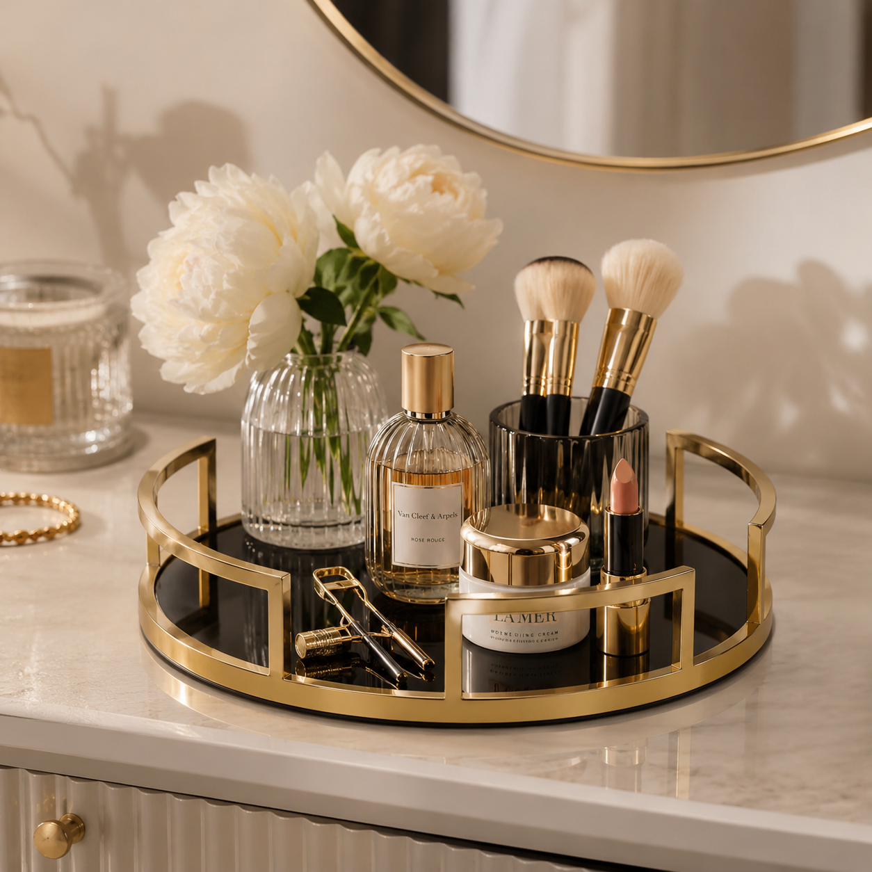 Luxury Gold Round Mirror Cosmetic Organizer Tray
