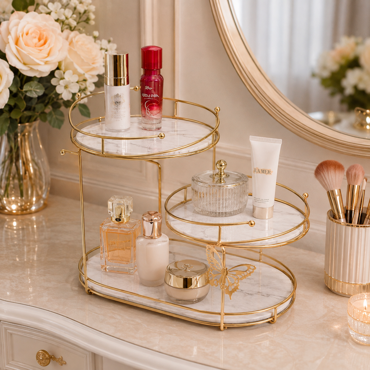 Luxury 3-Tier Golden Cosmetic & Makeup Organizer with Butterfly Design