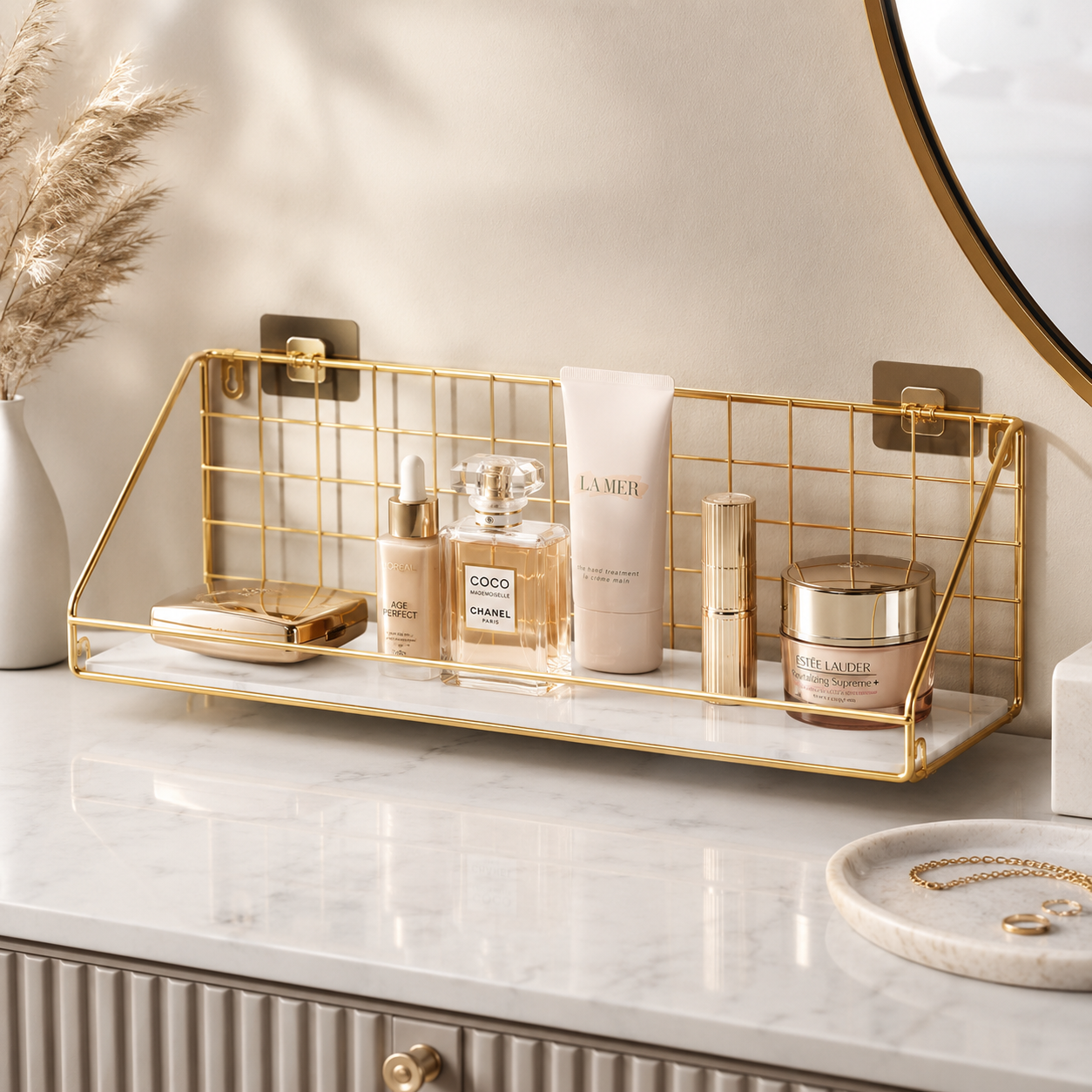 Luxury Gold Wall Mounted Cosmetic Organizer Rack – White & Black Tray