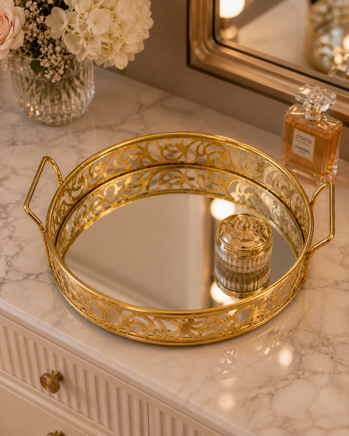 Luxury Golden Round Mirror Tray with Handles