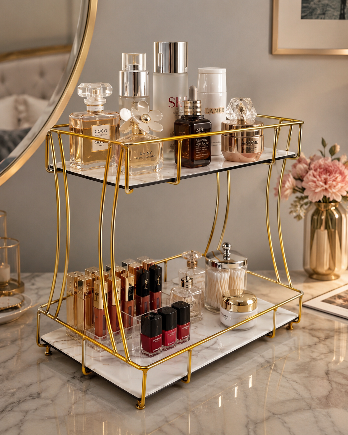 Luxury 2-Tier Marble Cosmetic Organizer Stand – Gold Frame Vanity Shelf