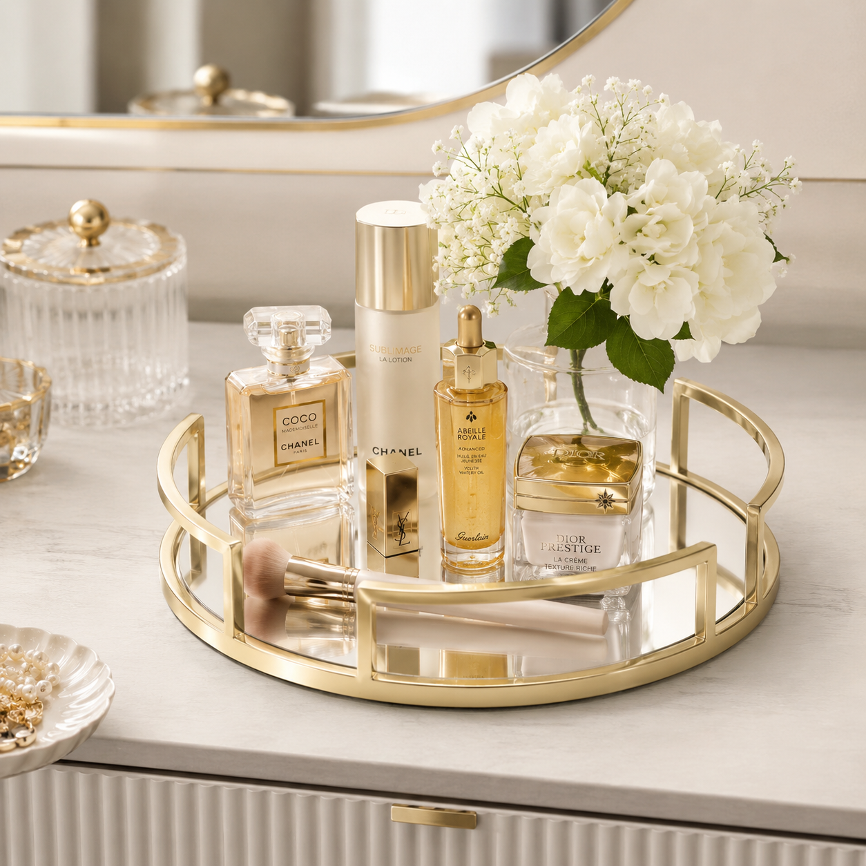 Luxury Gold Round Mirror Cosmetic Organizer Tray