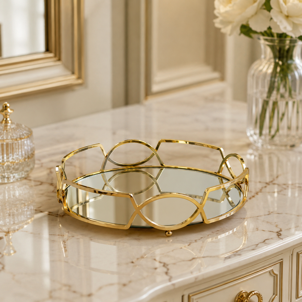 Round Shape Metal & Glass Cosmetics Storage Tray – Elegant Vanity Organizer