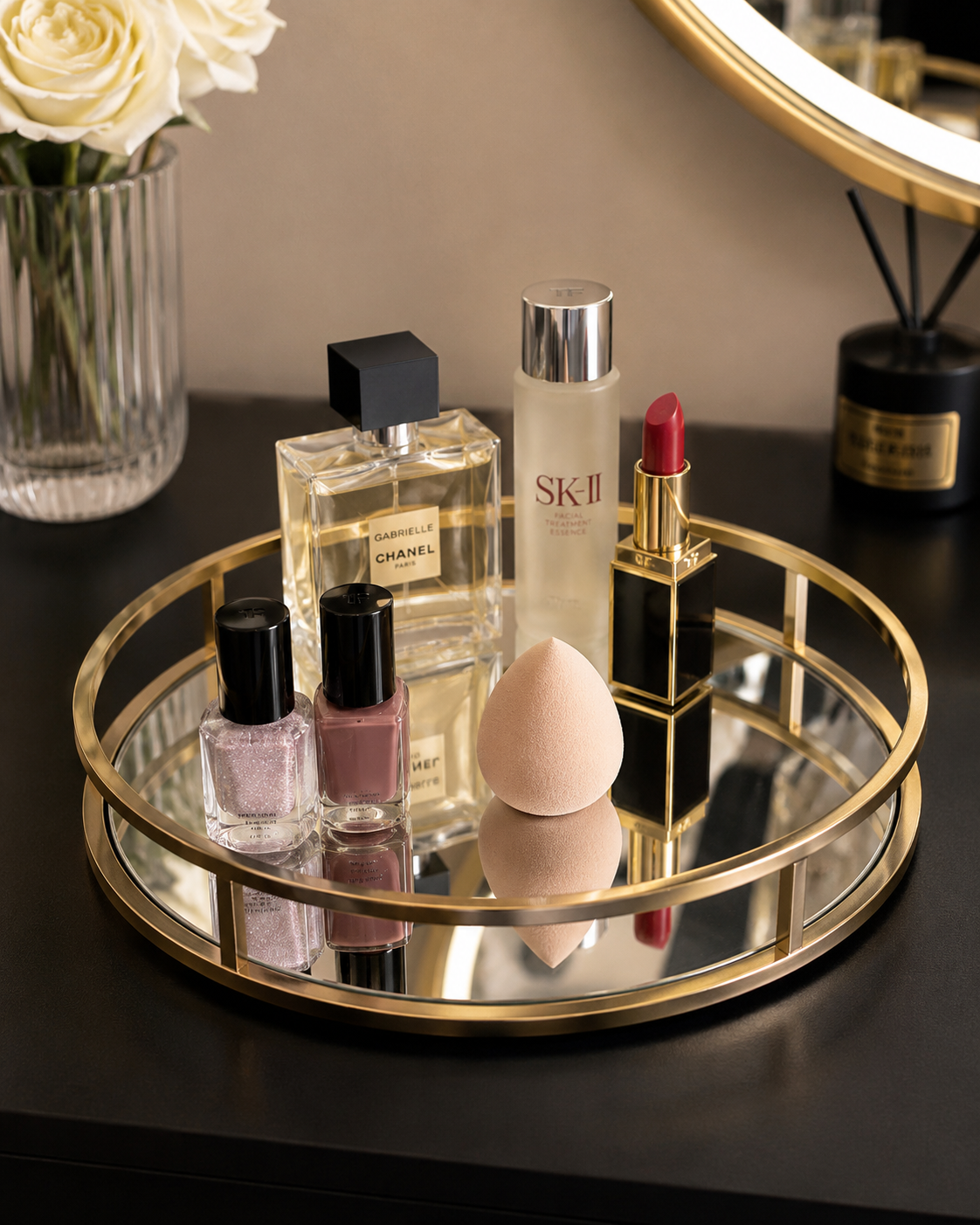 Luxury Gold Round Mirror Tray – Cosmetic & Perfume Organizer