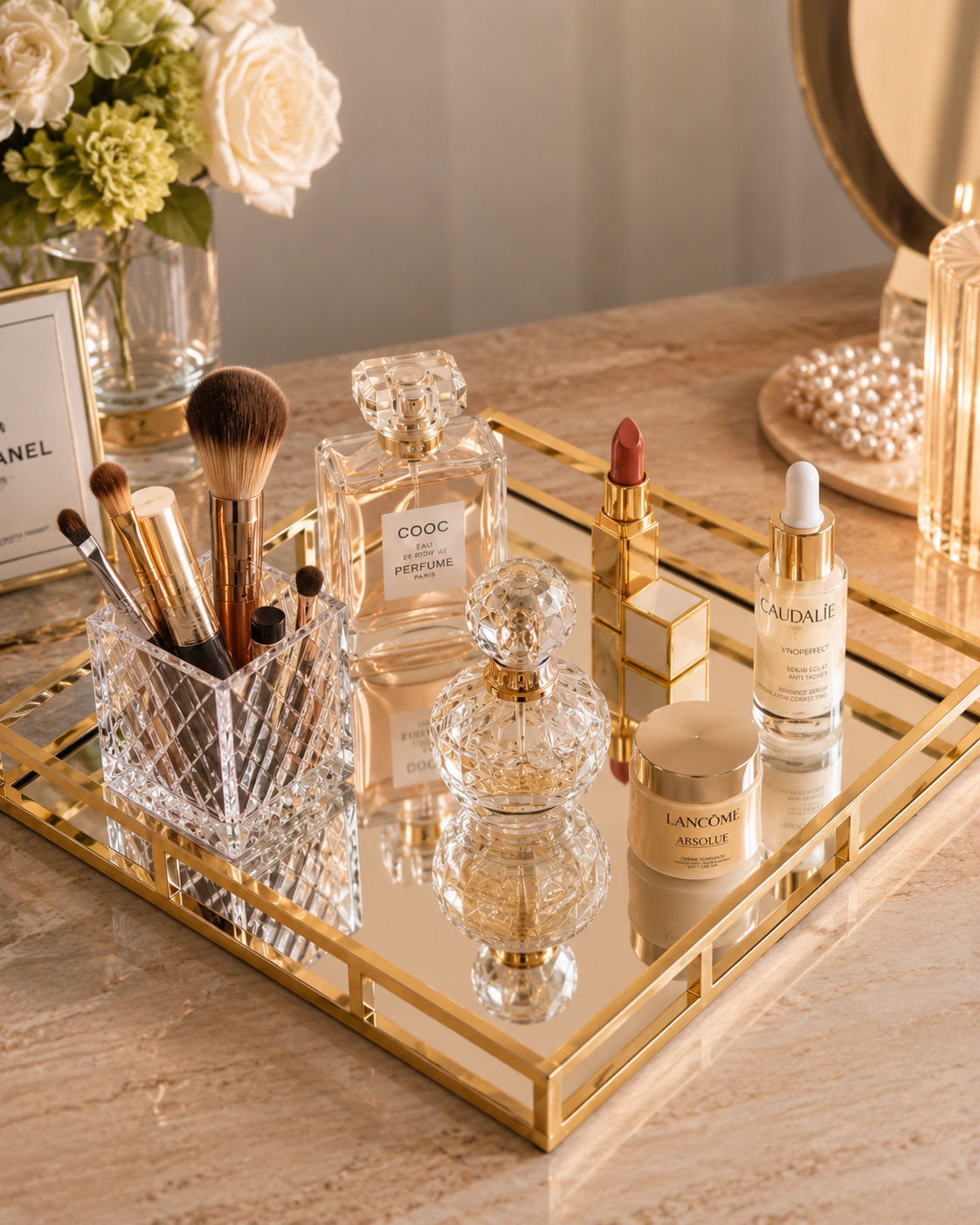 Luxury Gold Mirror Tray – Cosmetic & Perfume Organizer