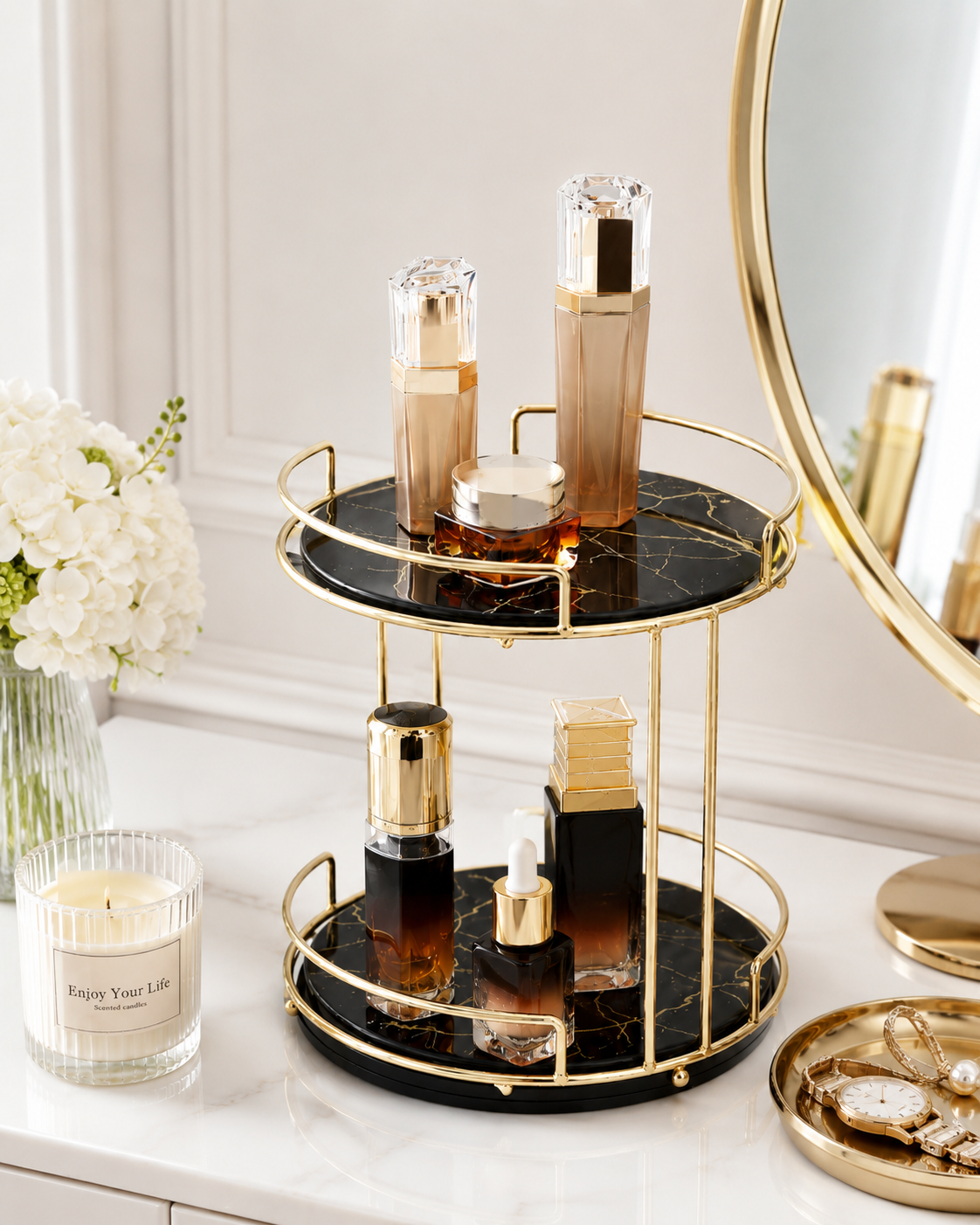 Luxury 2-Tier Cosmetic Organizer Stand – Gold Frame with Black & White Tray