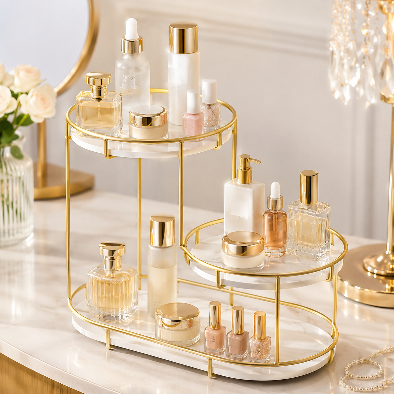Luxury 3-Tier Gold Cosmetic Organizer Tray – Marble Makeup & Perfume Display Stand