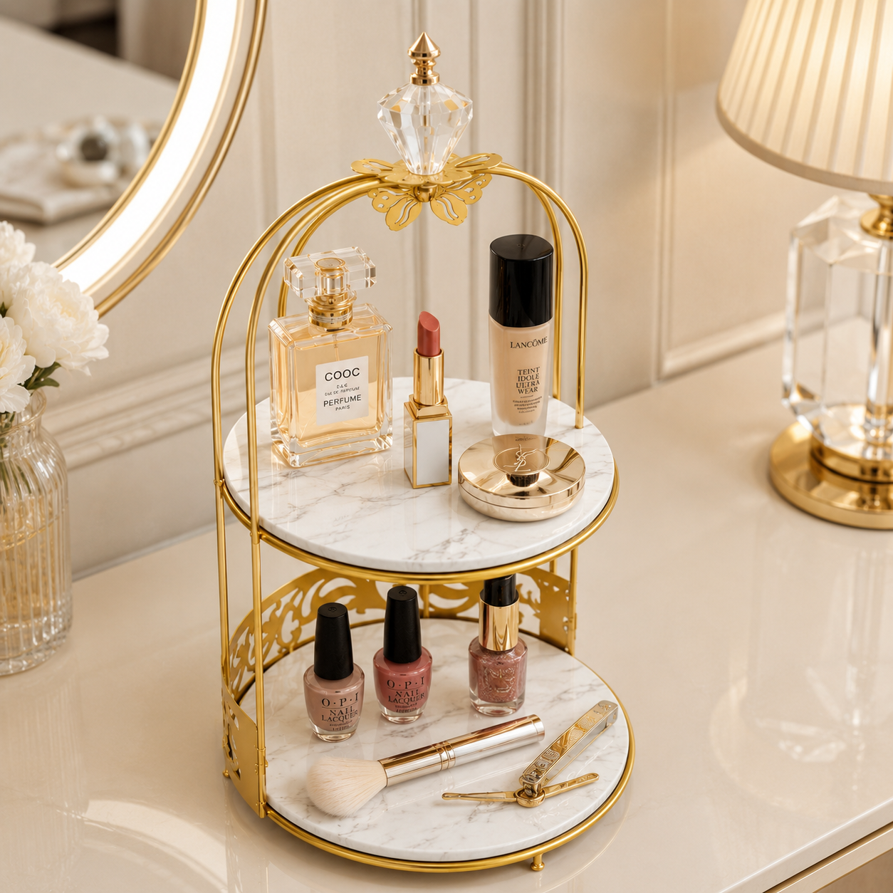Butterfly 2 Layers Vanity Cage Organizer – Elegant Gold Makeup & Perfume Storage Stand