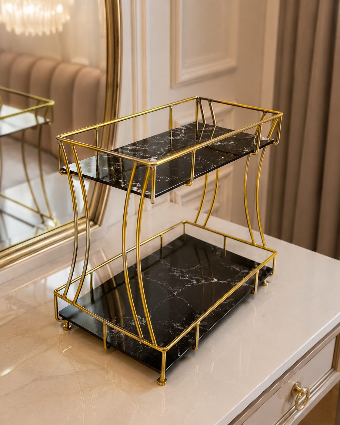 Luxury 2-Tier Marble Cosmetic Organizer Stand – Gold Frame Vanity Shelf