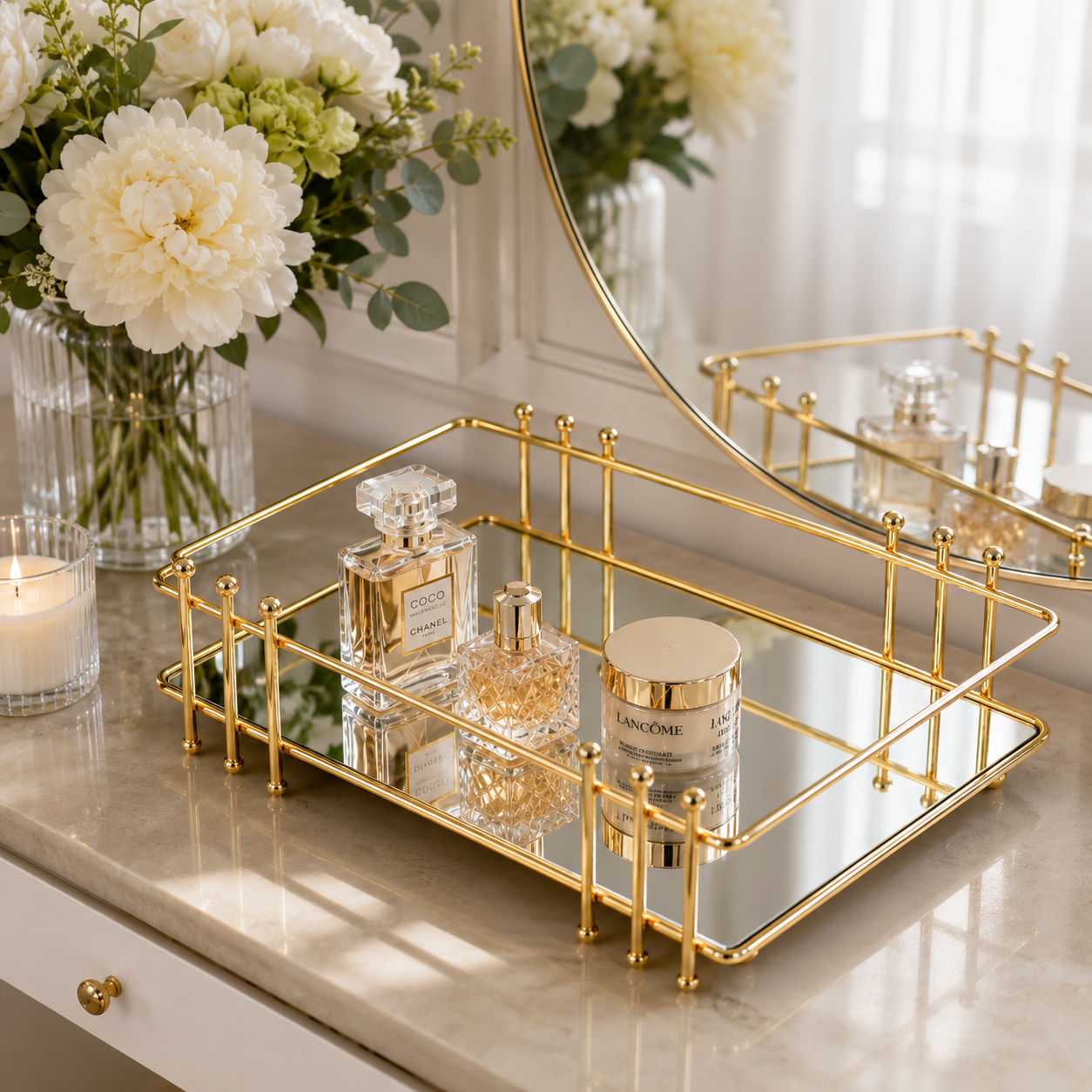 Luxury Golden Mirror Vanity Tray – Elegant Cosmetic & Perfume Organizer