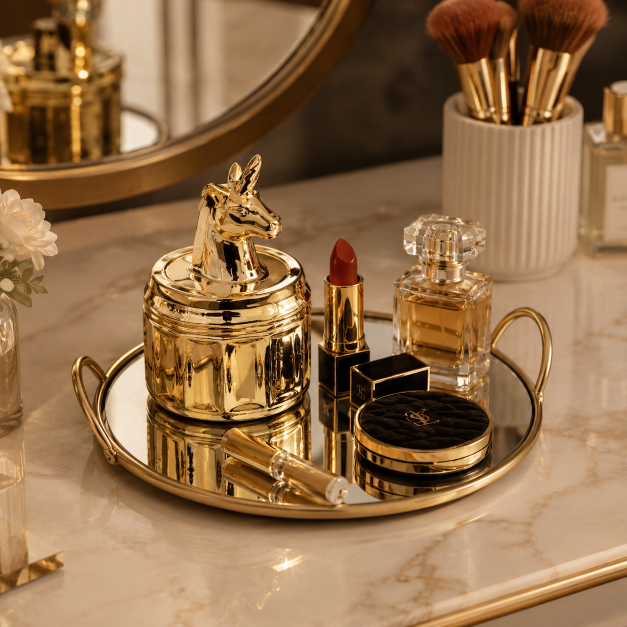 Single Makeup Organizer Round Mirror Tray – Elegant Vanity Storage Display