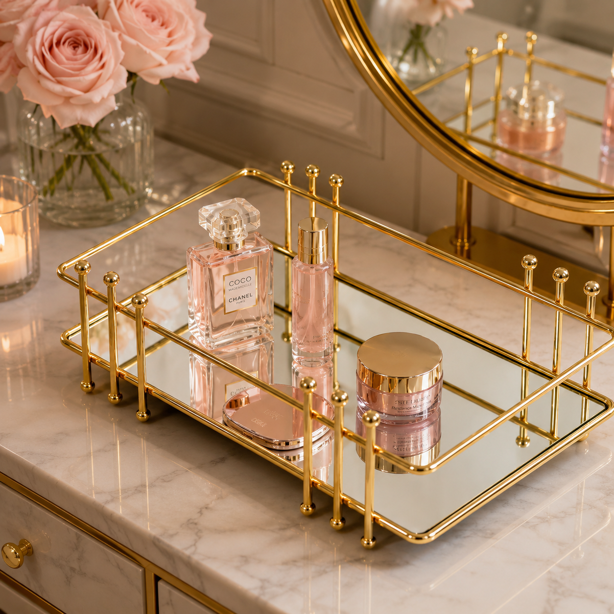 Luxury Golden Mirror Vanity Tray – Elegant Cosmetic & Perfume Organizer