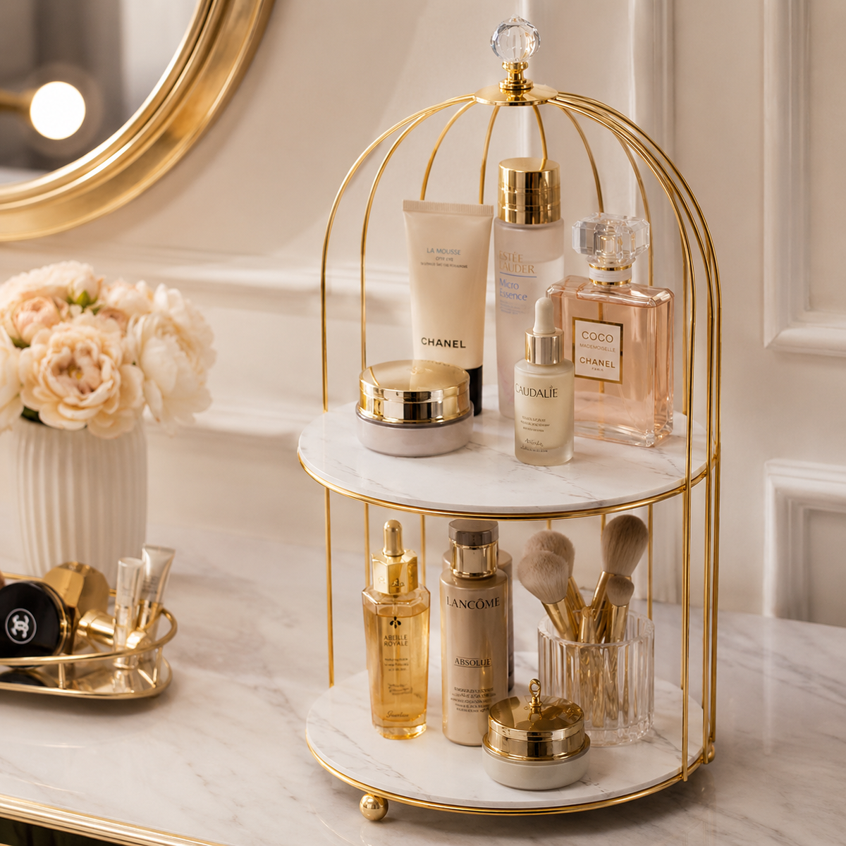 2 Layers Cosmetics Cage Organizer – Elegant Vanity & Makeup Storage Rack