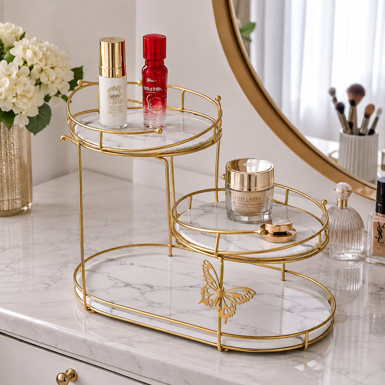 Luxury 3-Tier Golden Cosmetic & Makeup Organizer with Butterfly Design