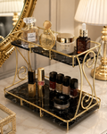 Luxury 2-Tier Marble Cosmetic Organizer Stand – Gold Frame Vanity Shelf