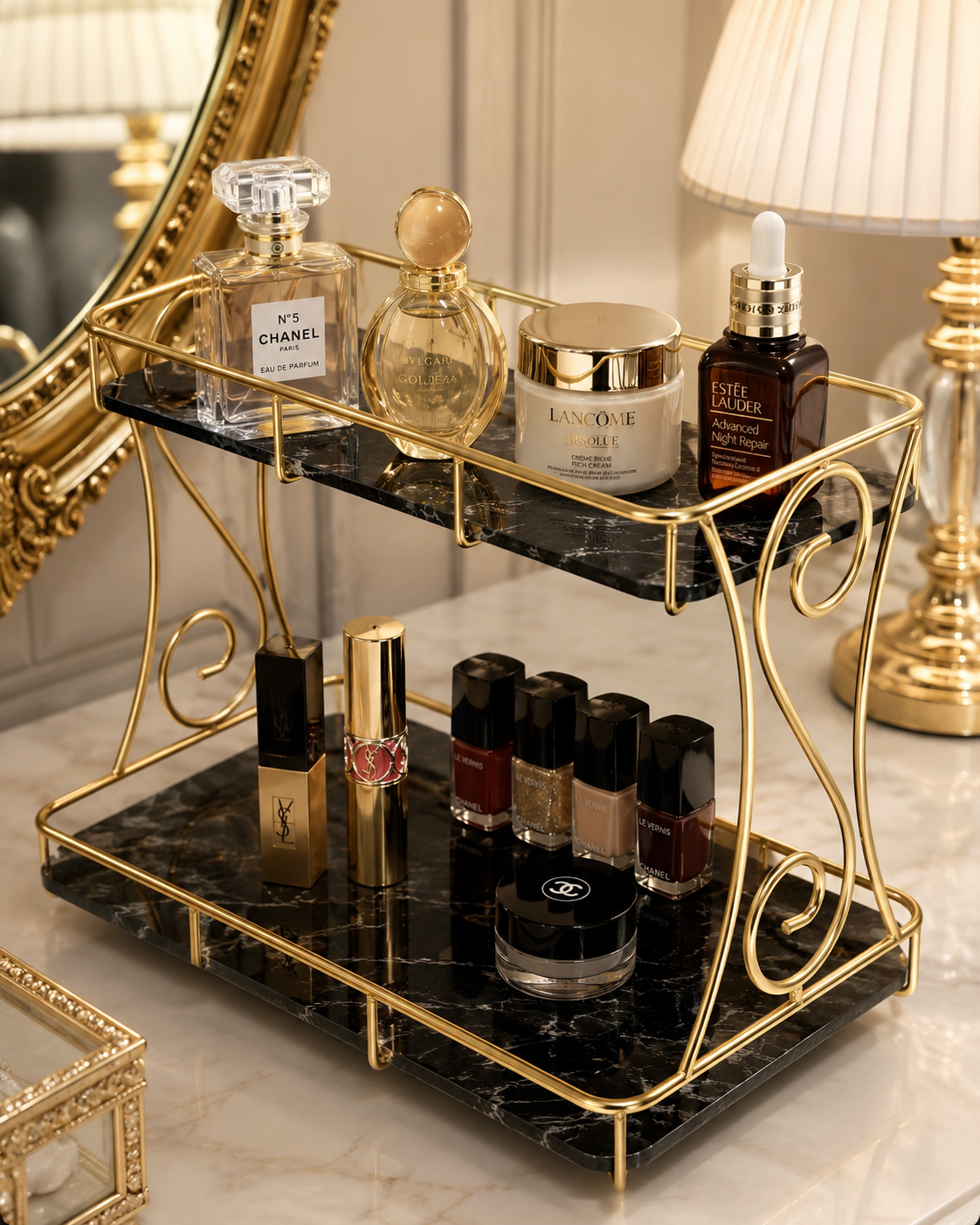 Luxury 2-Tier Marble Cosmetic Organizer Stand – Gold Frame Vanity Shelf