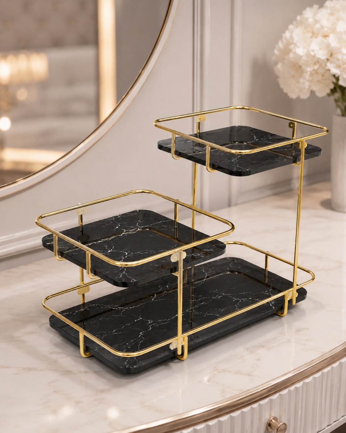 Luxury 3-Tier Marble Cosmetic Organizer Stand – Gold Frame Vanity Shelf