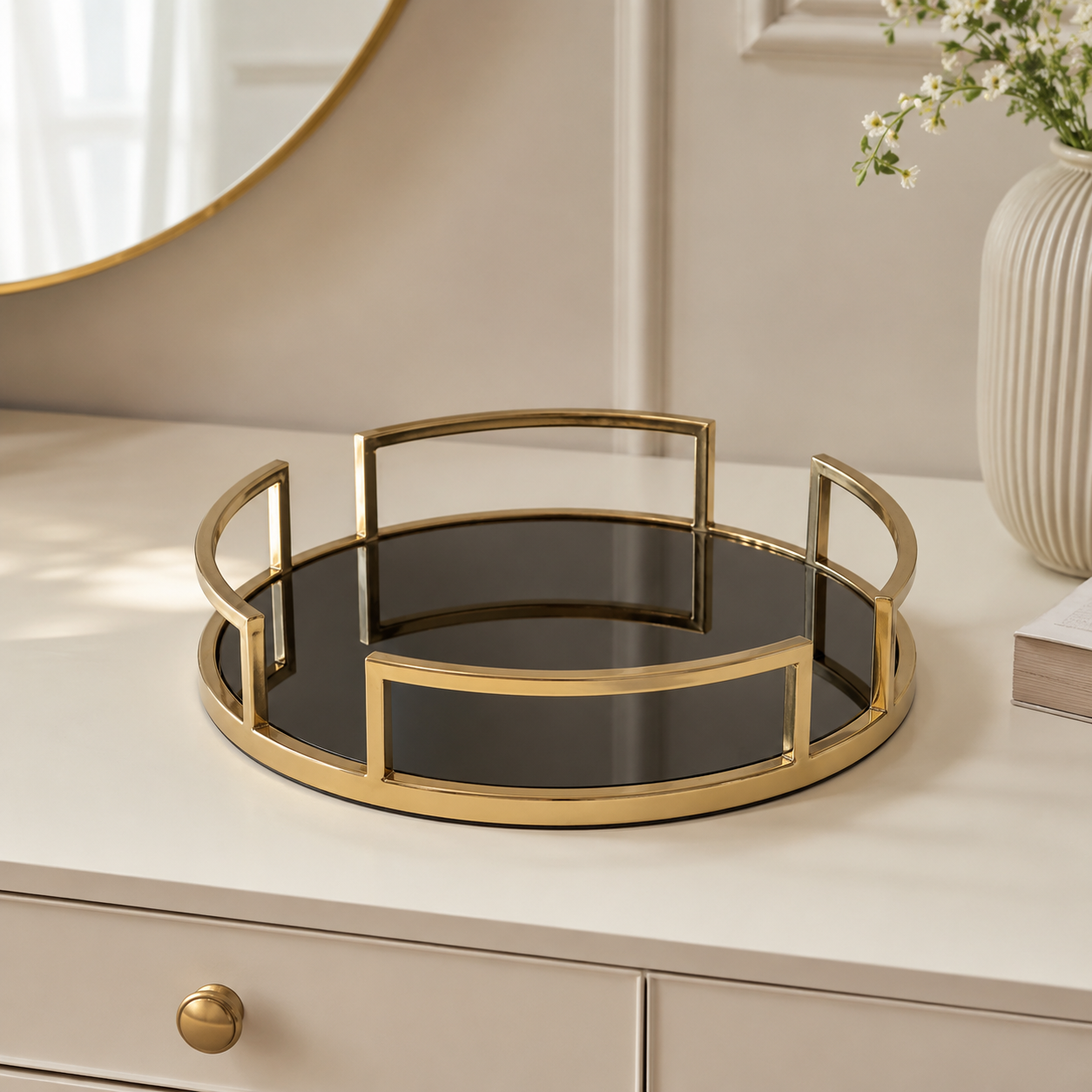 Luxury Gold Round Mirror Cosmetic Organizer Tray