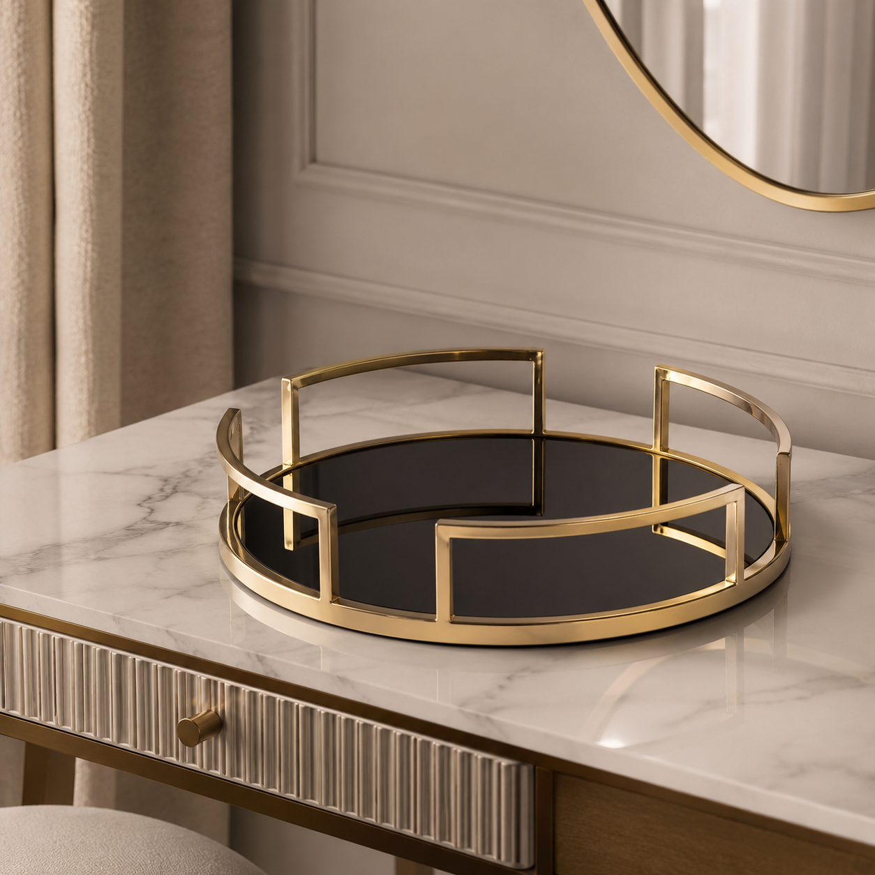 Luxury Gold Round Mirror Cosmetic Organizer Tray