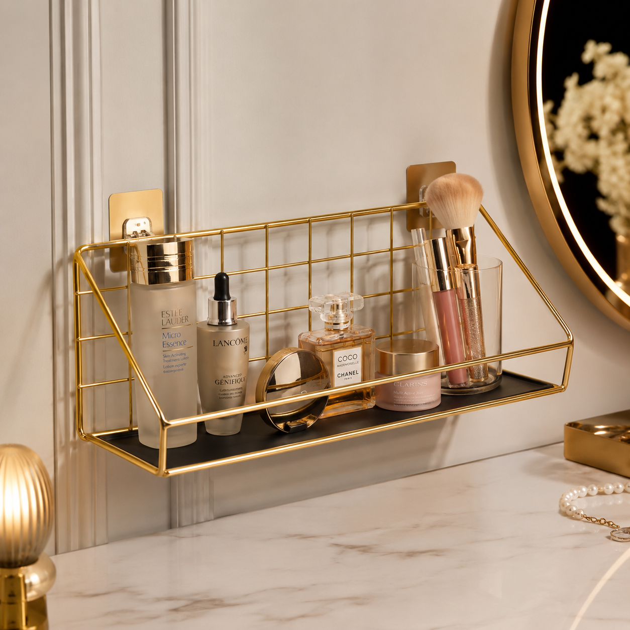 Luxury Gold Wall Mounted Cosmetic Organizer Rack – White & Black Tray