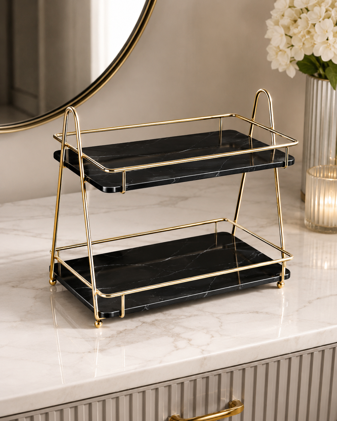 Luxury 2-Tier Cosmetic Organizer Stand – Gold Frame Vanity Tray