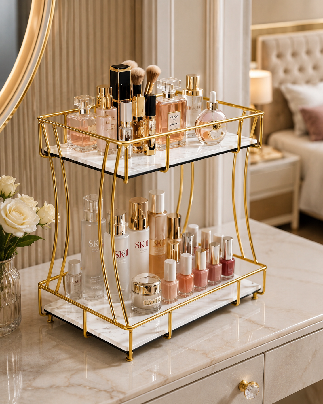 Luxury 2-Tier Marble Cosmetic Organizer Stand – Gold Frame Vanity Shelf