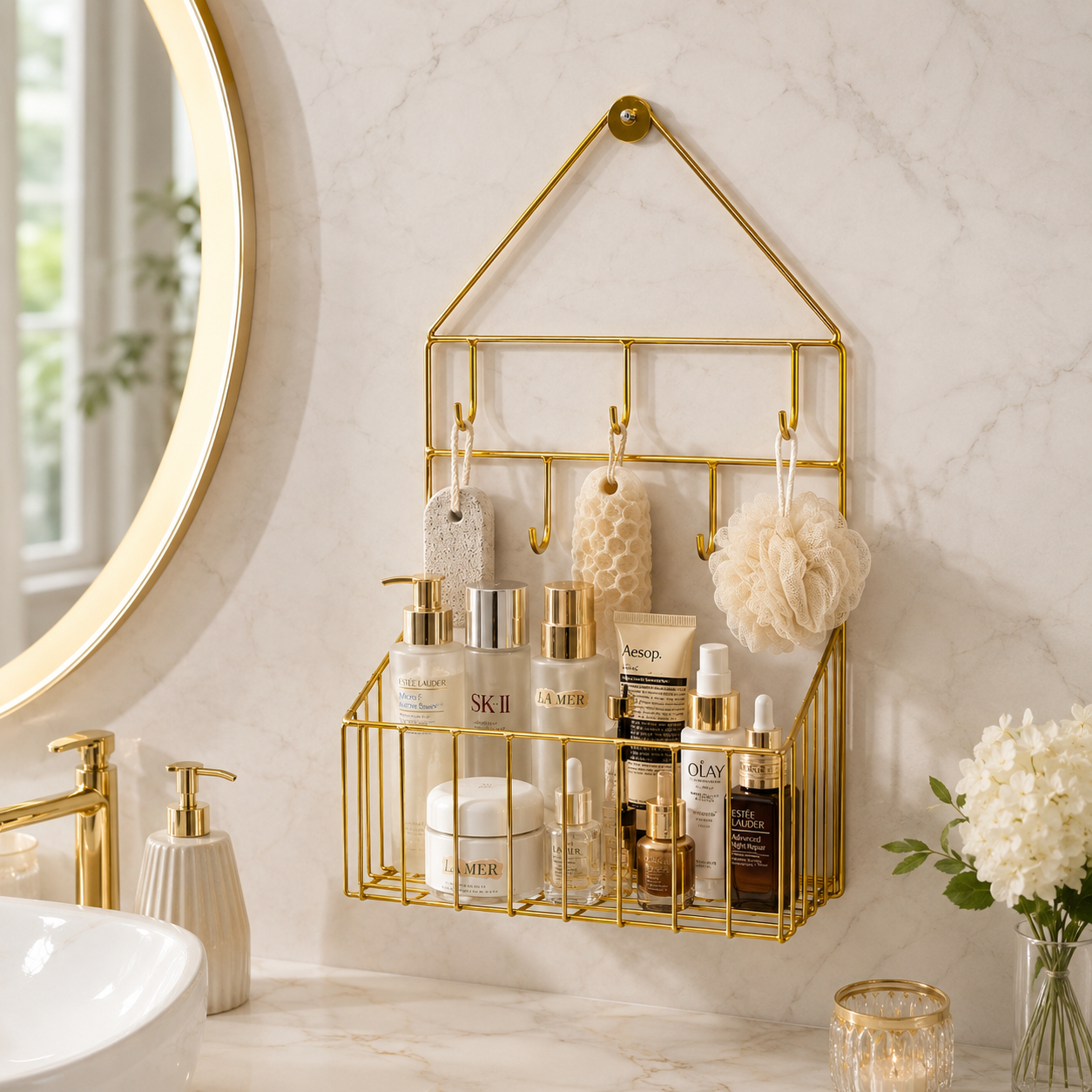 Luxury Golden Wall-Mounted Bathroom Organizer with Hooks