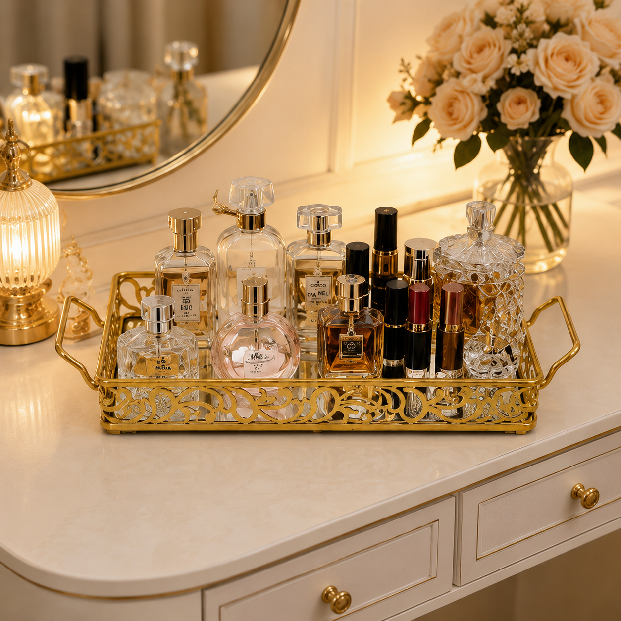Luxury Golden Rectangular Mirror Tray with Handles