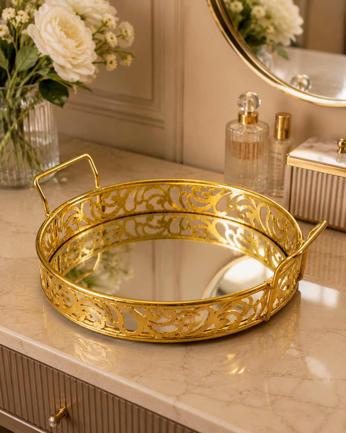 Luxury Golden Round Mirror Tray with Handles
