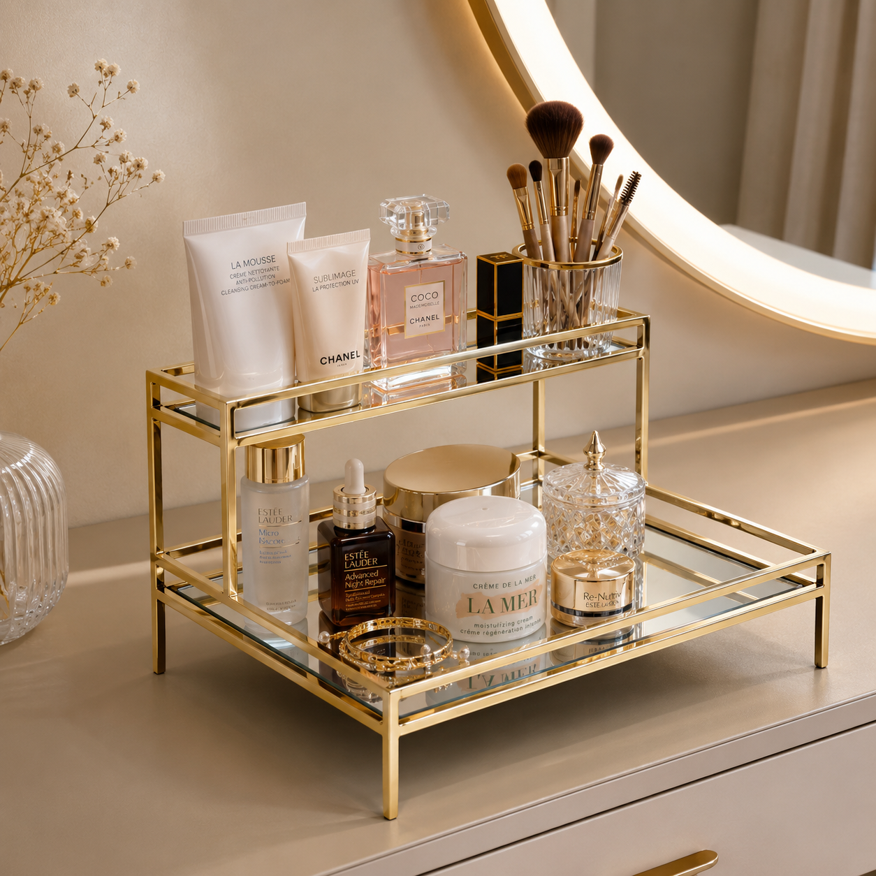 Luxury 2-Tier Golden Rectangular Cosmetic & Perfume Organizer