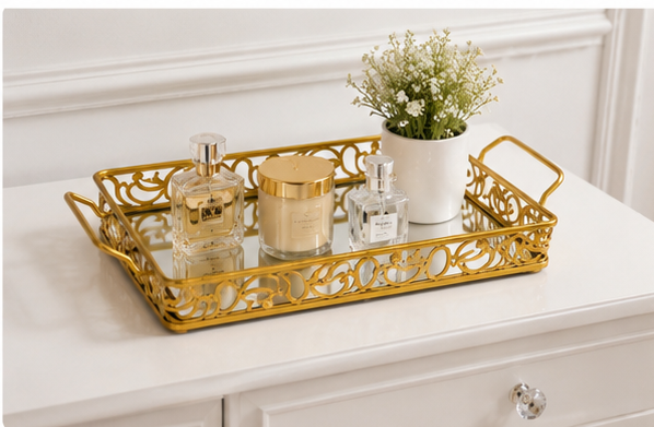 Luxury Golden Rectangular Mirror Tray with Handles
