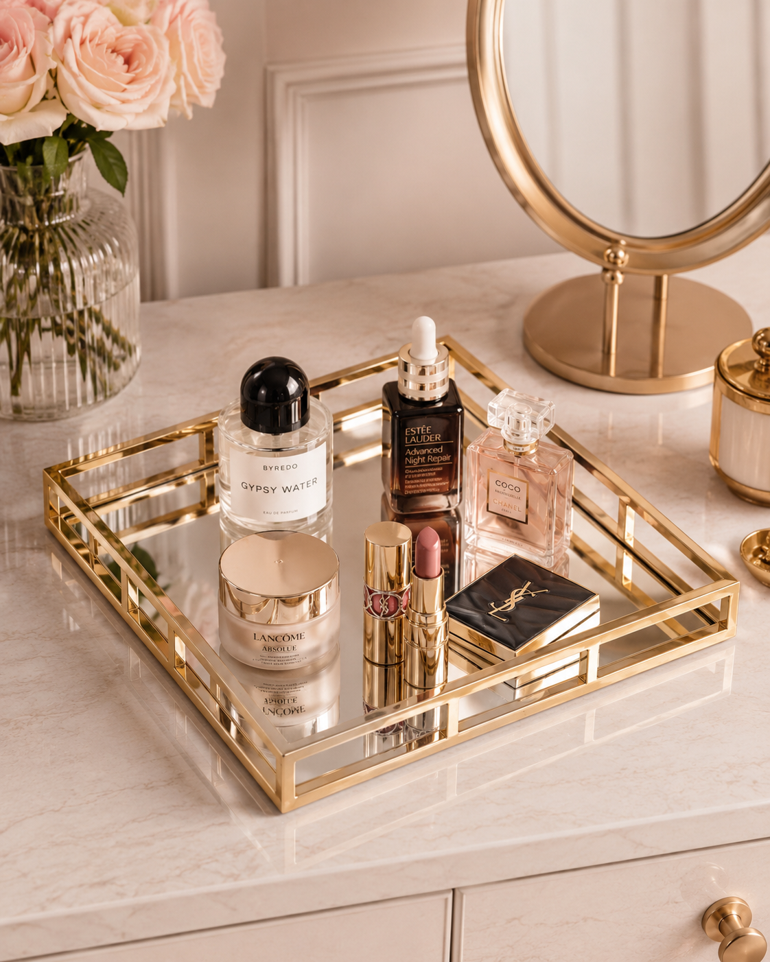 Luxury Gold Mirror Tray – Cosmetic & Perfume Organizer