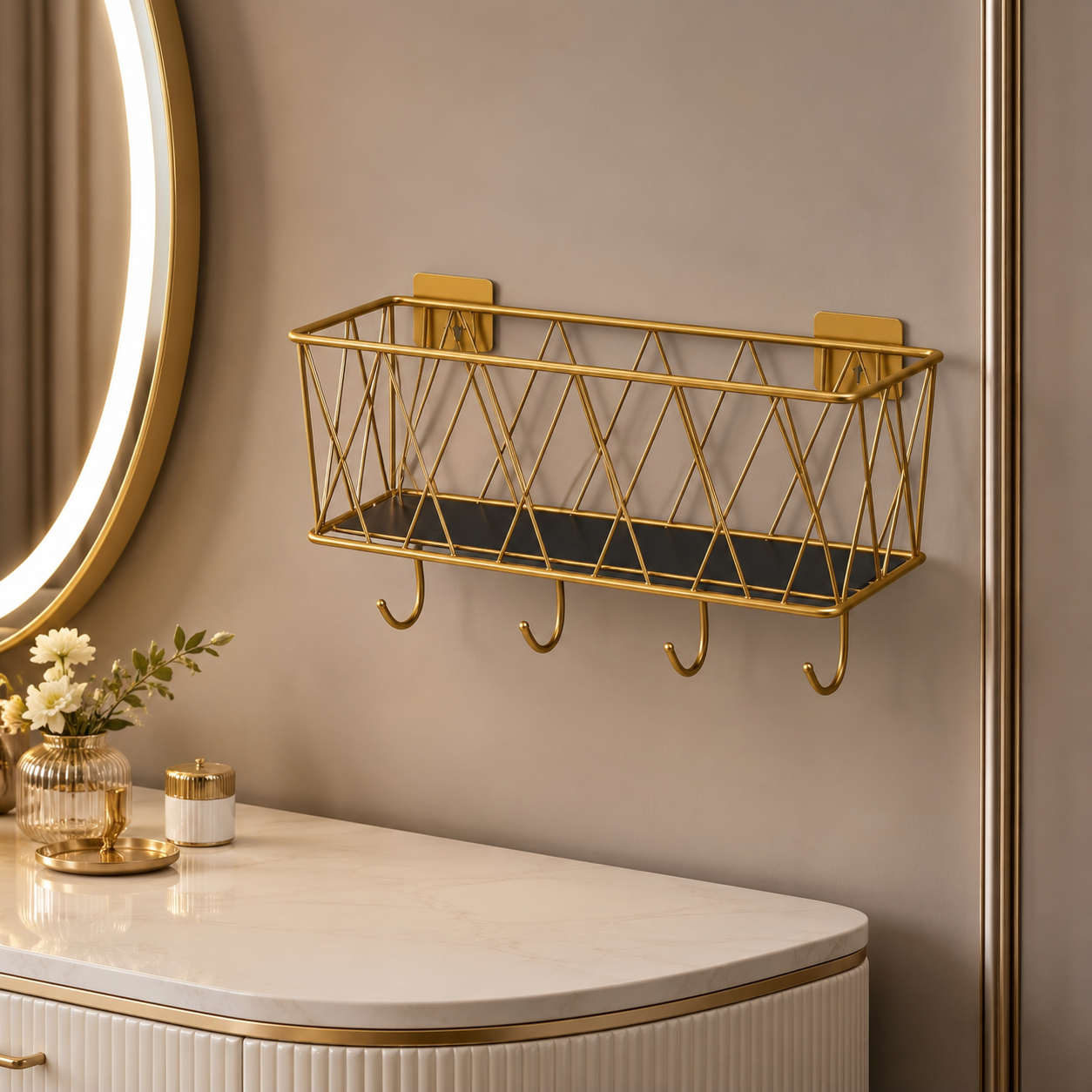 Luxury Gold Wall Mounted Cosmetic Organizer Shelf with Hooks