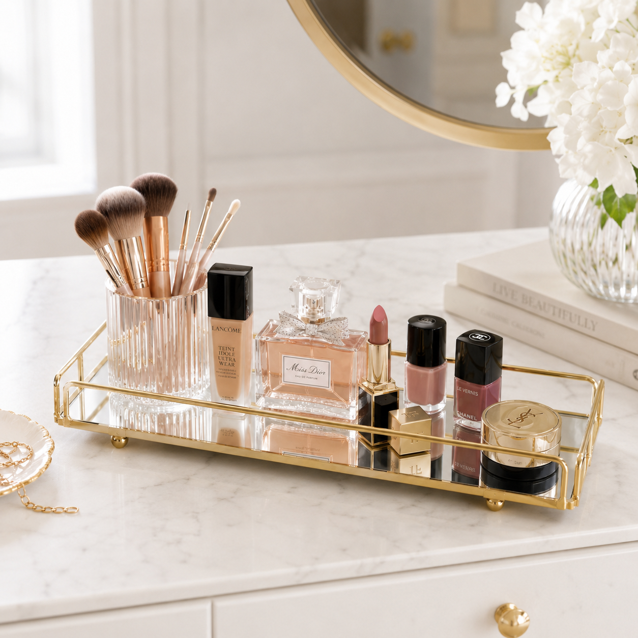 Cosmetics Organizer Tray with Mirror – Elegant Vanity Storage & Decorative Serving Tray for Food Display