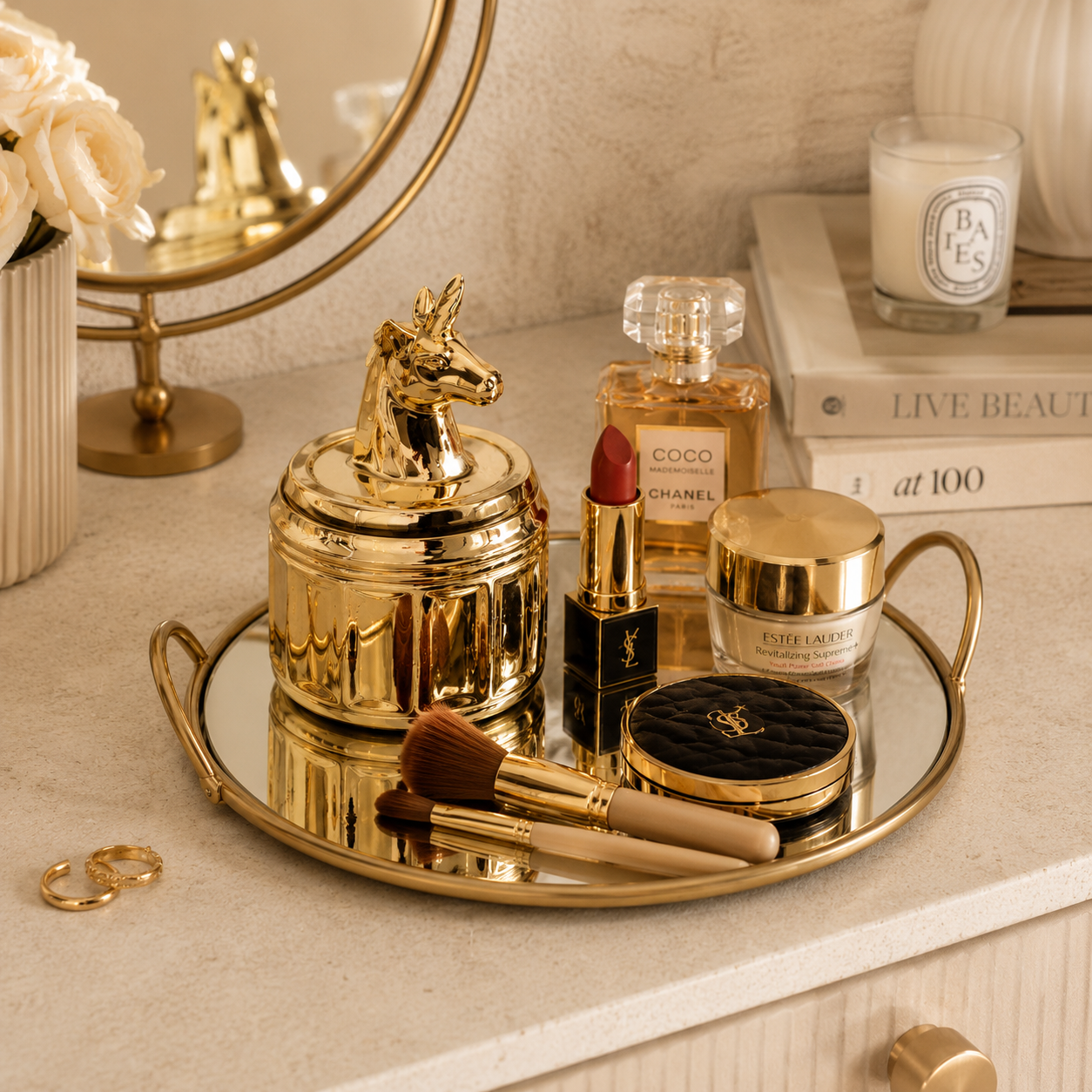 Single Makeup Organizer Round Mirror Tray – Elegant Vanity Storage Display