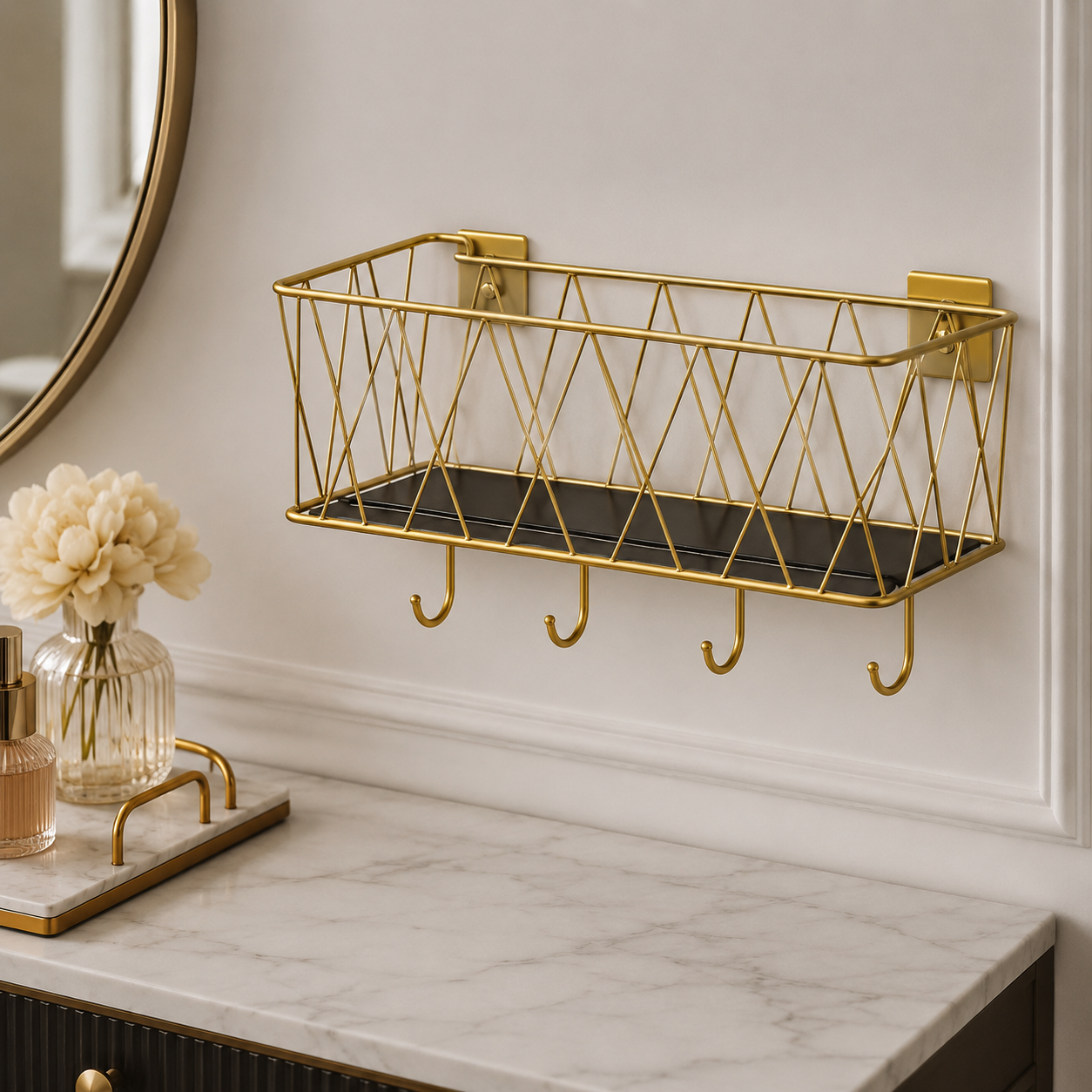 Luxury Gold Wall Mounted Cosmetic Organizer Shelf with Hooks
