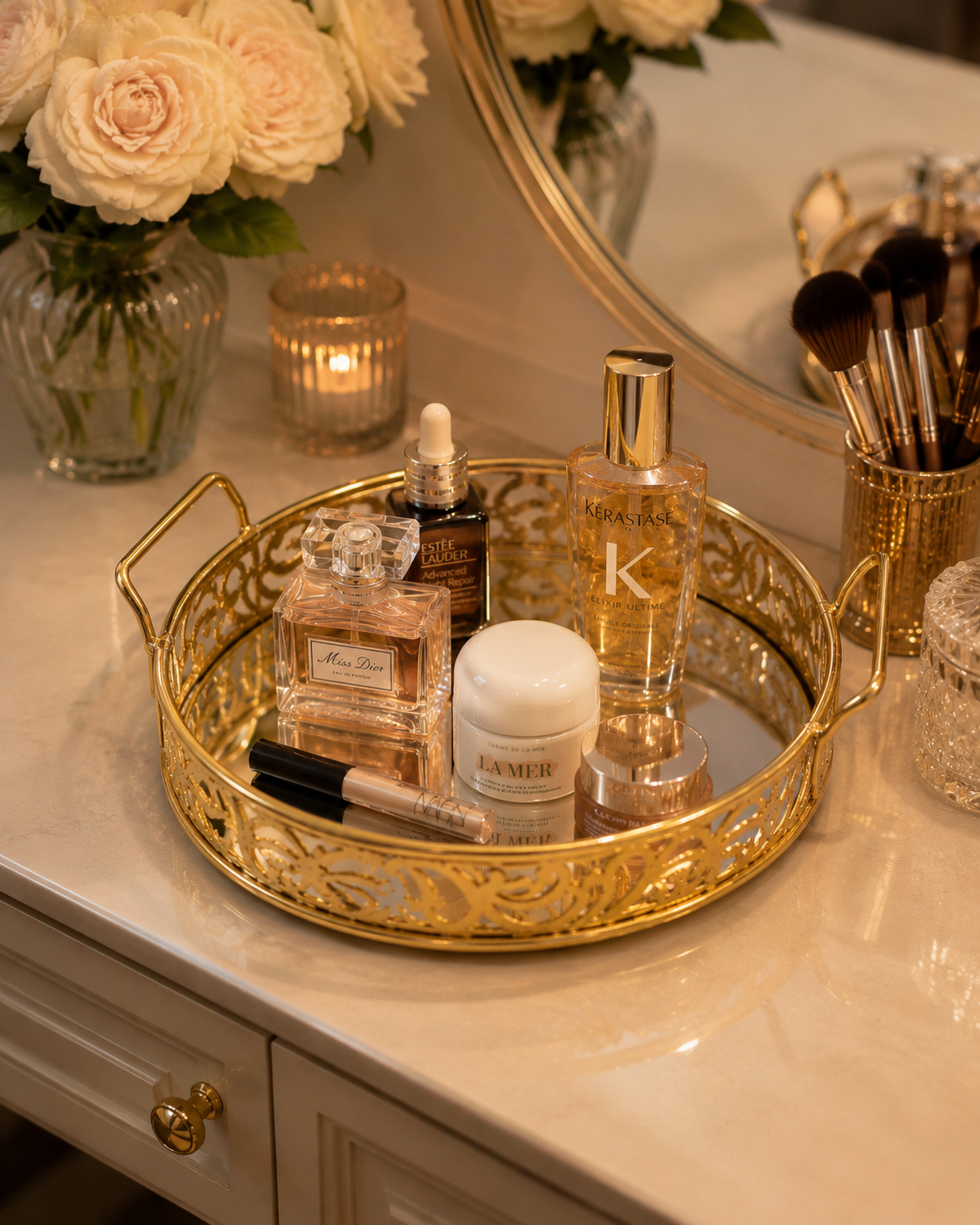 Luxury Golden Round Mirror Tray with Handles