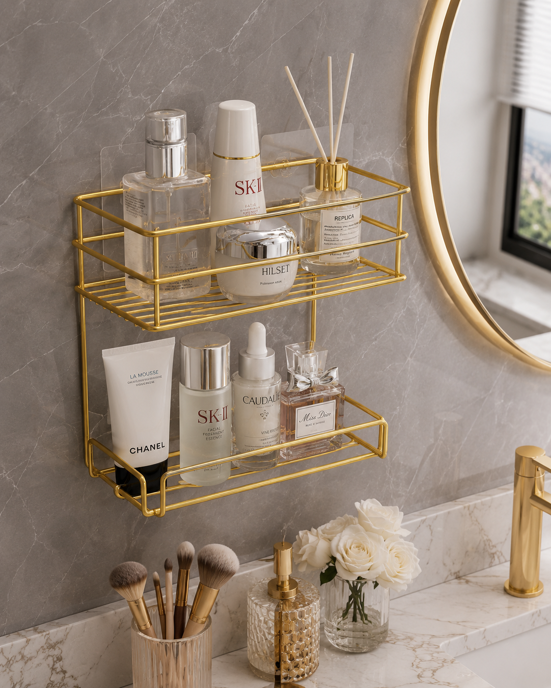 Luxury Gold Wall Mounted 2-Tier Bathroom & Cosmetic Organizer Rack