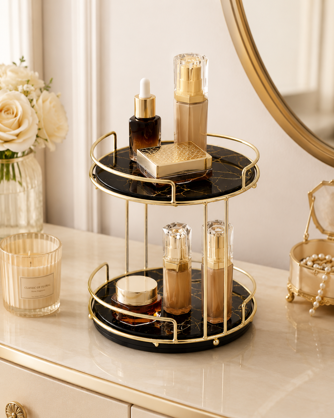 Luxury 2-Tier Cosmetic Organizer Stand – Gold Frame with Black & White Tray