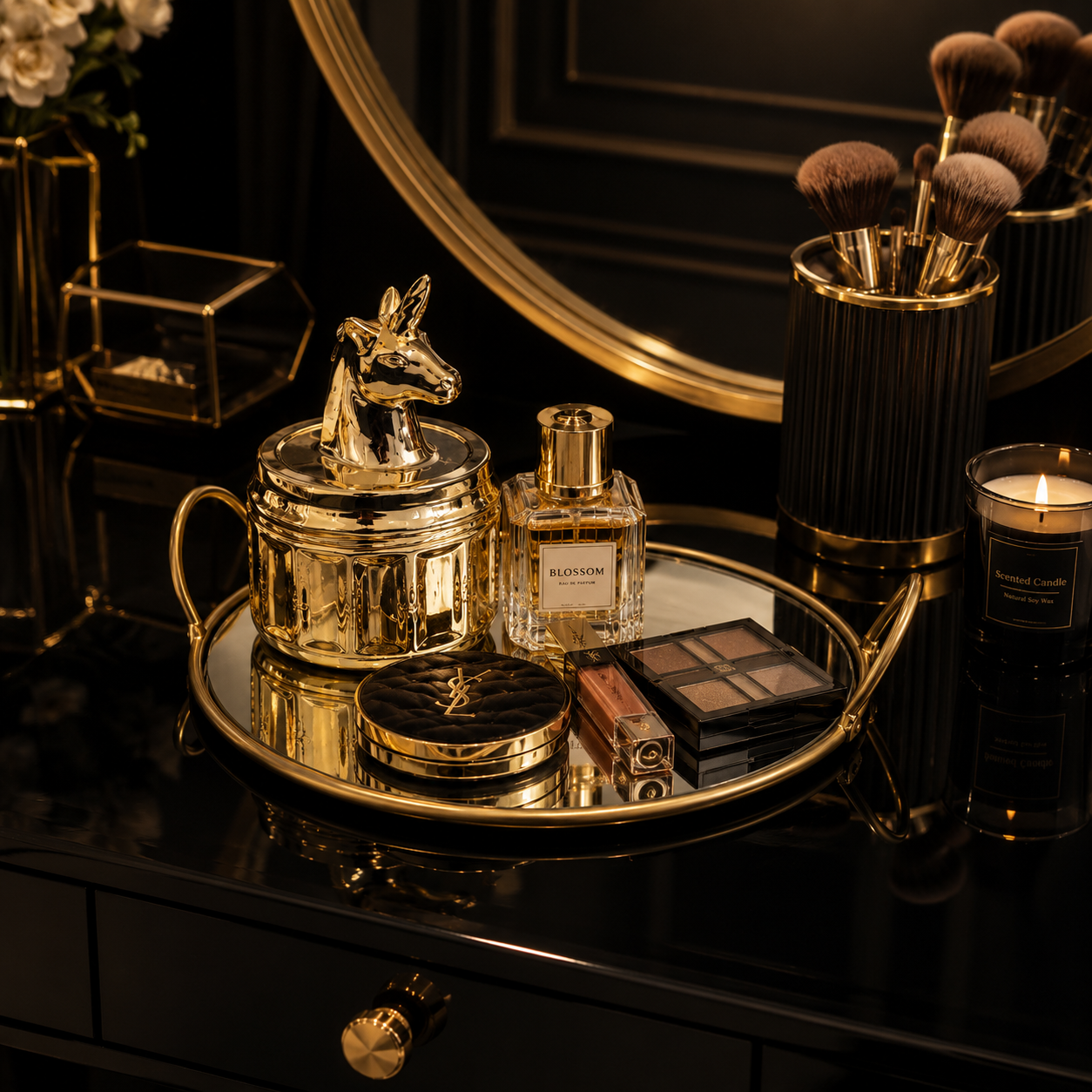 Single Makeup Organizer Round Mirror Tray – Elegant Vanity Storage Display